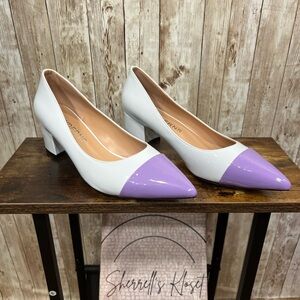 White‎ and Purple Block Heel Pumps with Pointed Toe